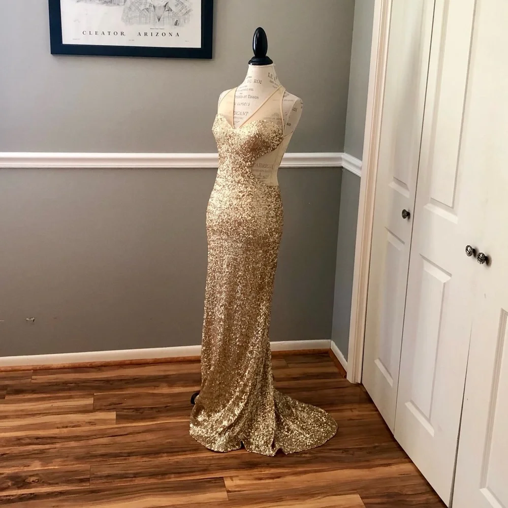 🔴CLEARANCE NEW FAVIANA SZ 4 GOLD NUDE ILLUSION SEQUIN STRAPLESS CUT OUT GOWN - Picture 3 of 12